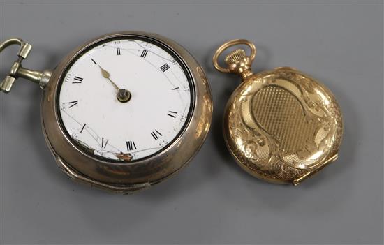 A George III silver pair cased pocket watch by Yardley, Bishops Stortford, (a.f.) and a gold plated fob watch.